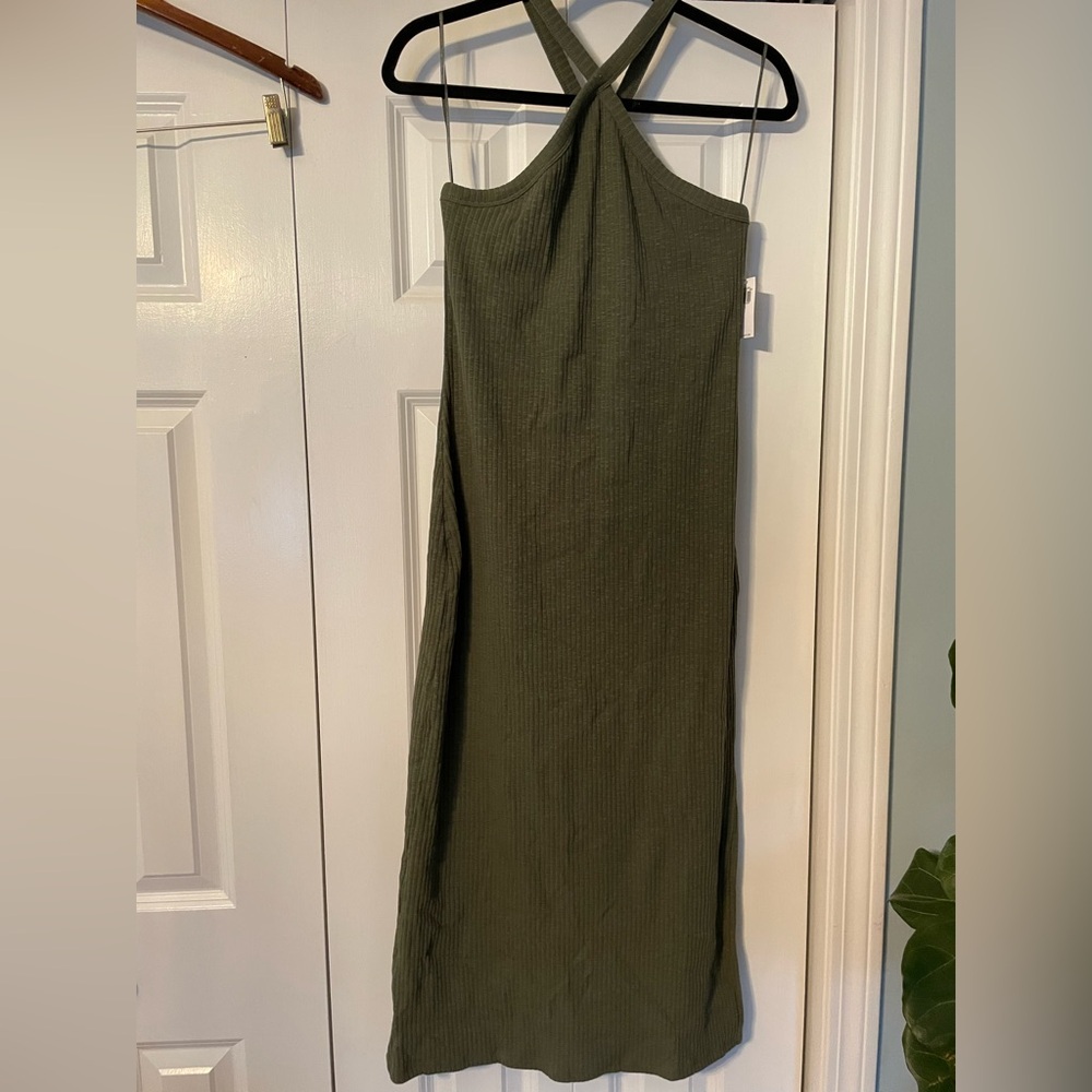 Old Navy Olive Green Halter Midi Dress with Side Slit- NWT